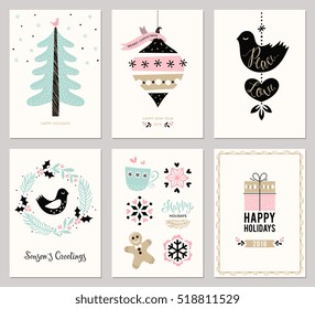Merry Christmas and Happy Holidays cards set with New Year tree, snowflakes, gift box, dove, bird and wreath. Greeting cards in trending pink, gold and black colors. Vector illustration.