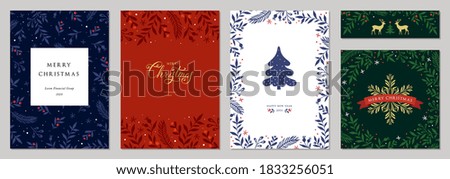 Merry Christmas and Happy Holidays cards with New Year tree, reindeers, snowflakes, floral frames and backgrounds design. Modern universal artistic templates. Vector illustration.