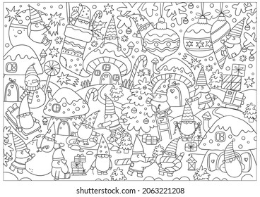 Merry Christmas and Happy Holidays coloring page. Cute cartoon Christmas gnomes in doodle style. Printable Christmas coloring book
