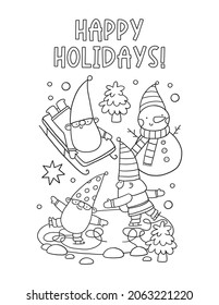 Merry Christmas and Happy Holidays coloring page. Cute cartoon Christmas gnomes in doodle style. Printable Christmas coloring book
