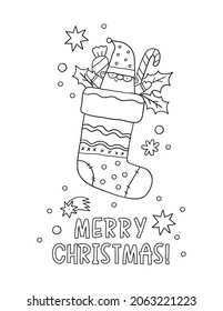 Merry Christmas and Happy Holidays coloring page. Cute cartoon Christmas gnomes in doodle style. Printable Christmas coloring book
