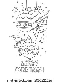 Merry Christmas and Happy Holidays coloring page. Cute cartoon Christmas gnomes in doodle style. Printable Christmas coloring book
