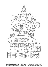 Merry Christmas and Happy Holidays coloring page. Cute cartoon Christmas gnomes in doodle style. Printable Christmas coloring book
