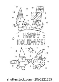 Merry Christmas and Happy Holidays coloring page. Cute cartoon Christmas gnomes in doodle style. Printable Christmas coloring book
