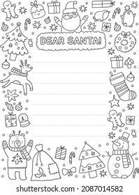 Merry Christmas and Happy Holidays coloring page. Cute cartoon Letter to Santa. Printable Christmas coloring book
