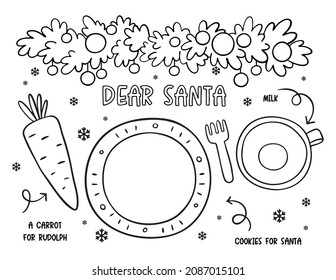 Merry Christmas and Happy Holidays coloring page. Cookies for Santa Tray.  Printable Christmas coloring book
