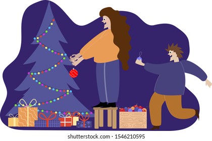 Merry Christmas and Happy Holidays. Couple man and women holding a festive ball Stand on Chair Decorate Christmas Tree Indoors Put ball on Xmas. Nearby are gifts and a box with Christmas toys.