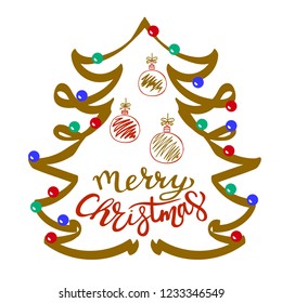 Merry Christmas for Happy holidays greeting card. Lettering celebration logo set. Typography for winter holidays. Calligraphic poster on white background. Postcard motive
