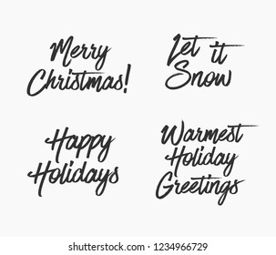Merry christmas and Happy holidays greeting new year lettering black on white. Isolated sings set 