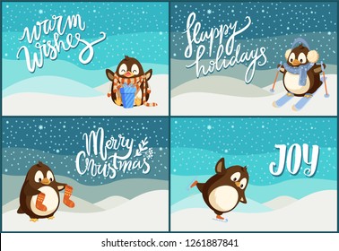 Merry Christmas happy holidays greeting posters vector. Smooth feathers on wings, animal with presents opening gifts, skiing holding knitted socks