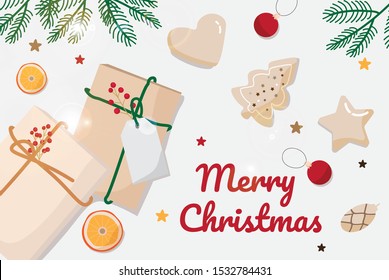 Merry Christmas and Happy Holidays greeting card, frame, banner. New Year. Christmas presents on white background top view. Winter holiday xmas theme. Noel. Flat lay.