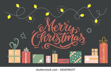 Merry Christmas for Happy holidays greeting card. Vector Lettering celebration logo. Typography for winter holidays. Calligraphic poster on dark background.Postcard motive