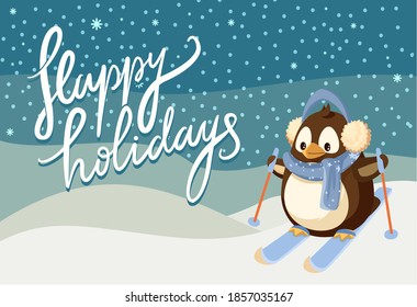 Merry Christmas happy holidays greeting poster vector. Penguin animal wearing warm clothes knitted scarf and headwear, skiing down hill winter scenery