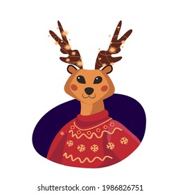 Merry Christmas and Happy Holidays Greeting Christmassy card with pollard reindeer. Funny cute fairy animal wearing red winter ornament knitted sweater. Flyer New Year Cartoon Flat Vector Illustration