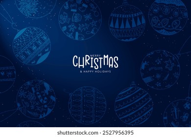 Merry Christmas  Happy Holidays Greeting Banner design in monochromatic gradient blue design with hand drawn Christmas ball ornaments doodle. Elegant and cute xmas banner. Vector. 