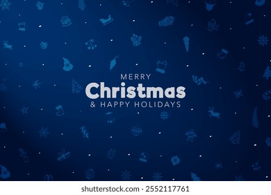 Frohe Weihnachten und schöne Feiertage Grußkartenbanner. Blau-weiße Farben mit niedlichen Weihnachtsmusterillustrationen in Weiß. Kleine handgezeichnete Weihnachtssymbole im Hintergrund. Vektor.