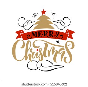 Merry Christmas for Happy holidays greeting card. Lettering celebration logo with details. Typography for winter holidays. Calligraphic poster on textured background.Postcard motive