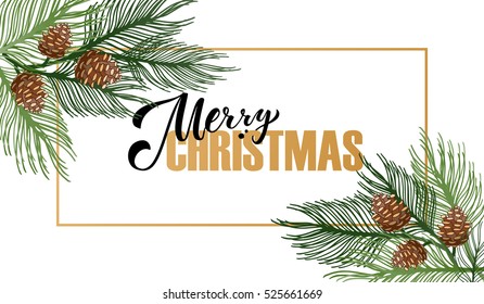 Merry Christmas for Happy holidays greeting card with tree. Lettering celebration logo. Typography for winter holidays.Calligraphic poster on blurred textured background. Postcard motive