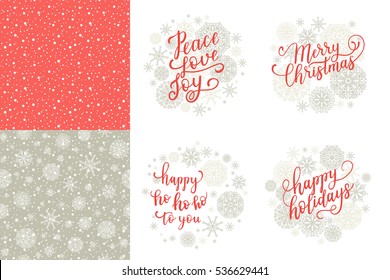 Merry Christmas, Happy Holidays, Happy Ho To You, Peace Love Joy Greeting Cards Set For New Year 2017. Vector Winter Holiday Background With Hand Lettering Calligraphy, Snowflakes, Falling Snow