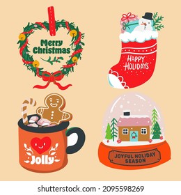 Merry Christmas and Happy Holidays Illustration for cards with New Year tree, reindeers, snowflakes, JOYFULL and backgrounds design. Vector illustration