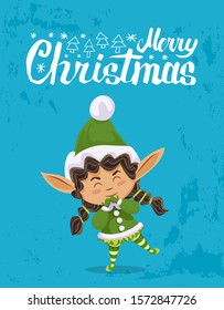 Merry christmas and happy holidays. Little girl stand in green costume and greet people. Xmas greeting postcard with happy elf and designed caption with contour fir trees. Vector illustration in flat