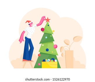 Merry Christmas and Happy Holidays. Man Wearing Santa Claus Hat Stand on Chair Decorate Christmas Tree Indoors Put Star on Spruce Top at Morning Before Xmas. New Year Cartoon Flat Vector Illustration