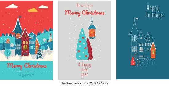 Merry Christmas, happy holidays and a happy new year. A collection of festive greeting cards with fabulous houses, decorated with a Christmas tree, Christmas balls, snow and a lantern.