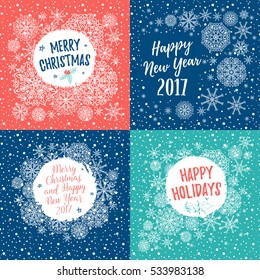 Merry Christmas, Happy Holidays, Happy New Year 2017 greeting cards set. Vector winter holidays backgrounds with hand lettering calligraphic, snowflakes, falling snow.