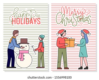 Merry christmas and happy holidays postcard vector. People exchanging presents on winter events. Dad and son sculpting snowman outdoors. Xmas and traditions of gift giving, wintertime flat style