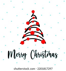 Merry Christmas and Happy Holidays postcard with New Year tree, snowflakes, balls on white background. Modern universal artistic template. Doodle, hand drawn Spruce, fir tree, invitation for holidays