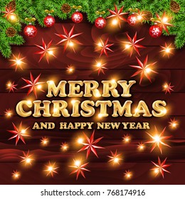 Merry Christmas and Happy Holidays! Red star, Christmas baubles and garland lights on old dark wooden rustic background. art