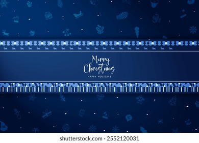 Fröhliche Weihnachten Happy Holidays Ribbon Banner auf einem Streifen von blauem Band mit einem saisonalen Muster auf der Ober-und Unterseite. Nette Weihnachtsmotiv-Symbole auf einer blauen Hintergrundwand mit weicher Farbverlauf-Beleuchtung. 