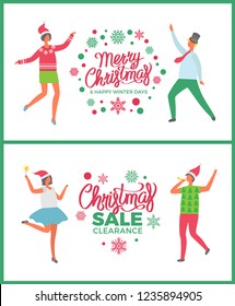 Merry Christmas happy holidays sale, winter offer vector. Promotion of shops, market price reduction, new years preparation, people celebration party