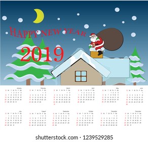 Merry Christmas and happy holidays! Santa Claus on roof in winter. Christmas story concept and calendar 2019.