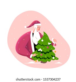 Merry Christmas and Happy Holidays Santa Claus holding festive ball Decorating Christmas Tree Snowing Outdoors Before Xmas. Greeting congratulation card flyer New Year Cartoon Flat Vector Illustration