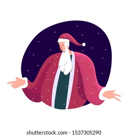 Merry Christmas and Happy Holidays. Santa Claus congratulate with winter season and holly eve. Snowing Outdoors Before Xmas. Greeting Christmassy card flyer. New Year Cartoon Flat Vector Illustration