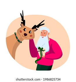 Merry Christmas and Happy Holidays. Santa Claus caress his deer cheek Two fairy characters preapring to congratulate children. Greeting Christmassy card flyer New Year Cartoon Flat Vector Illustration