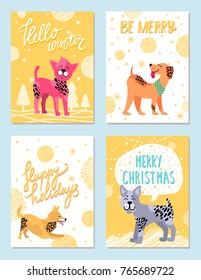 Merry Christmas happy holidays set of posters with congratulations from happy dogs. Vector illustration with akita playing on snow with trees on background