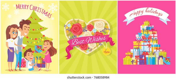 Merry Christmas and happy holidays, set of posters, with celebrating family and tree and bouquet of red and white roses, vector illustration