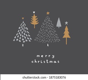 Merry Christmas. Happy Holidays. Simple Infantile Style Christmas Trees Isolated on a Pale Black Background. Cute Hand Drawn Christmas Wishes Vector Card. White, Gold and Light Gray Winter Trees.