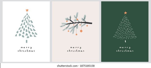 Merry Christmas. Happy Holidays. Simple Infantile Style Christmas Trees and Branch with Red Baubles Isolated on a White, Beige and Dark Green Background.Cute Hand Drawn Christmas Wishes Vector Card. 