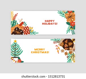 Merry christmas and happy holidays vector banner template. Greeting card with new year tree, gift boxes, gingerbread cookies and garland. Xmas celebration, winter postcard with holly berries.