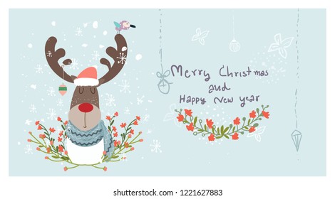 Merry Christmas Happy holidays warm wishes Creative hand drawn card for winter Reindeer merry christmas and happy new year,happy greeting card,vector,elements,greeting card