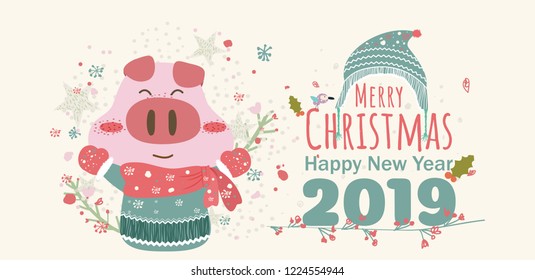 Merry Christmas Happy holidays warm wishes creative hand drawn card winter animal pig,hat,text happy merry christmas and happy new year
