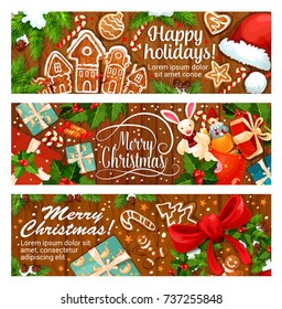 Merry Christmas and Happy Holidays wish greeting banners. Vector design of gingerbread cookie, Christmas tree or Santa gift and hat, golden bell and holly wreath decoration for New Year winter season