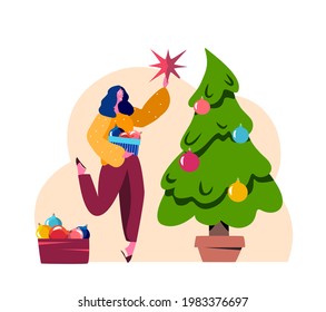 Merry Christmas and Happy Holidays. Woman holding a box with festive balls Decorating Christmas Tree Indoors Put Star on Spruce Top at Morning Before Xmas. New Year Cartoon Flat Vector Illustration