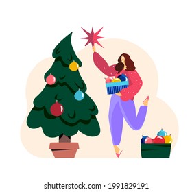 Merry Christmas and Happy Holidays. Woman holding a box with festive balls Decorating Christmas Tree Indoors Put Star on Spruce Top at Morning Before Xmas. New Year Cartoon Flat Vector Illustration