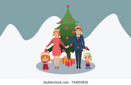 Merry Christmas and Happy Holidays! Young couple and kids decorates the Xmas tree. Christmas family portrait outdoors concept illustration vector.
