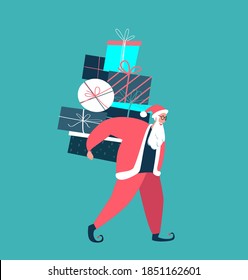 Merry Christmas and Happy Holidays.Santa Claus Holding Huge Festive Boxes of Presents.Fairy Gifts. Festive Winter Holidays. Xmas Greeting Congratulation Card. New Year Cartoon Flat Vector Illustration