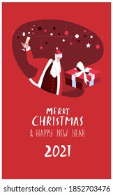 Merry Christmas and Happy Holidays.Santa Claus Holding Festive Presents Gifts Boxes and Champagne Glass.Sale Shopping Purchase. Festive Winter Holidays.Xmas Greeting. New Year Flat Vector Illustration